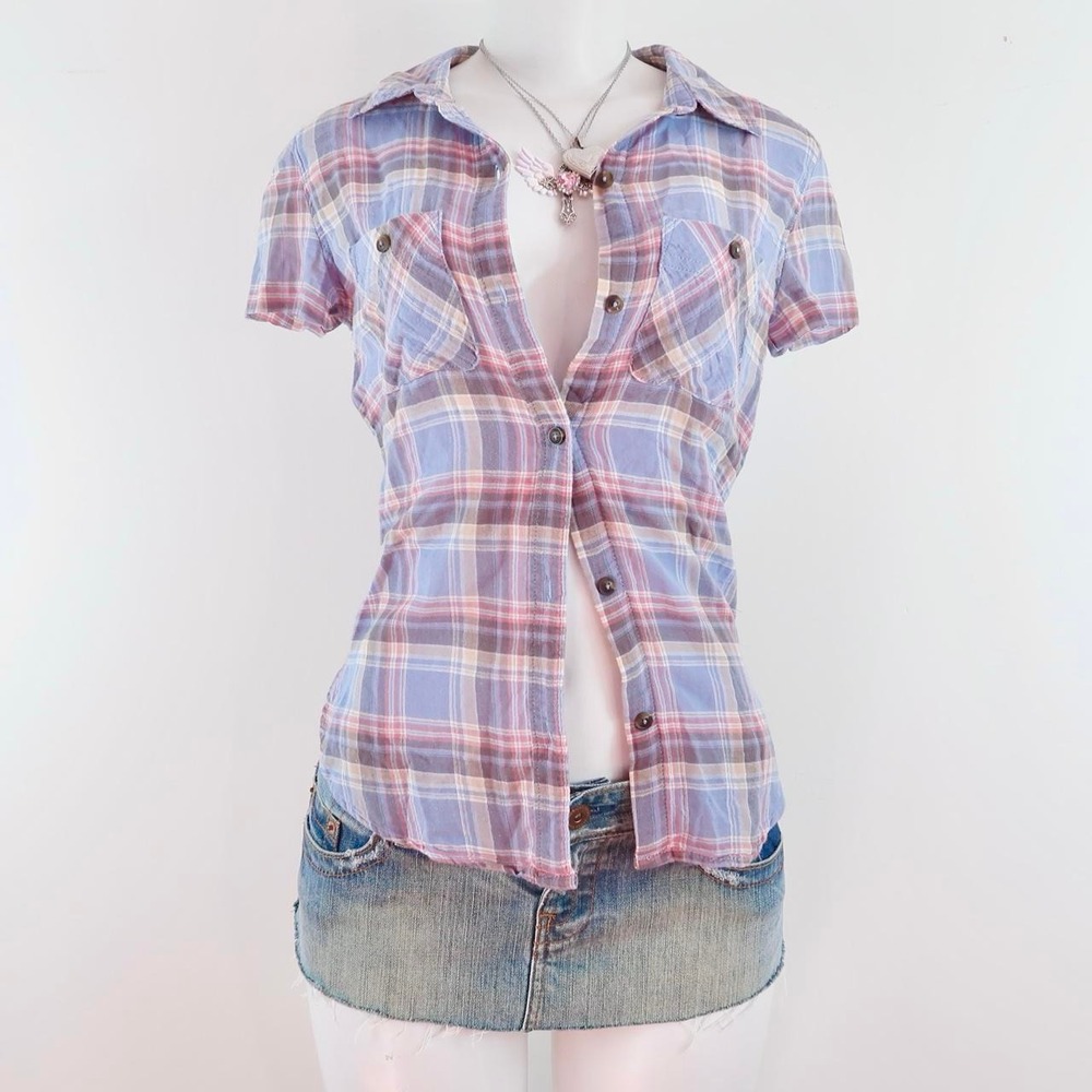 y2k blue plaid fitted button up shirt